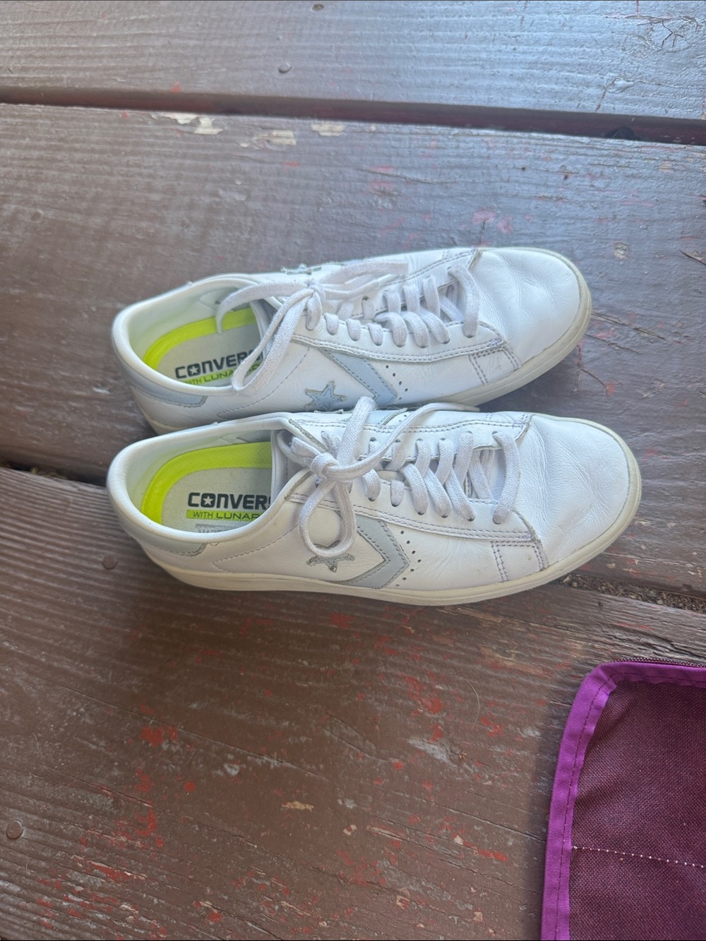 Converse White Leather Sneakers with Neon Yellow Insoles